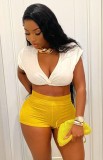 Summer Casual White Wrap Crop Top and Yellow Biker Shorts 2PC Set