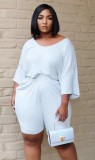 Summer Plus Size Casual White Shirt and Shorts 2PC Set