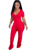 Summer Casual Red V-Neck Short Sleeve Jumpsuit with Pockets