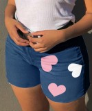 Summer Casual Blue High Waist Hearts Denim Shorts