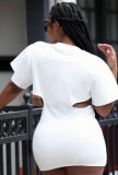 Summer Casual White Cut Out Short Sleeve Mini Shirt Dress