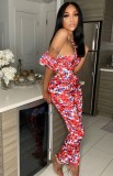 Summer Sexy Print One Shoulder Crop Top and Pants Matching Set