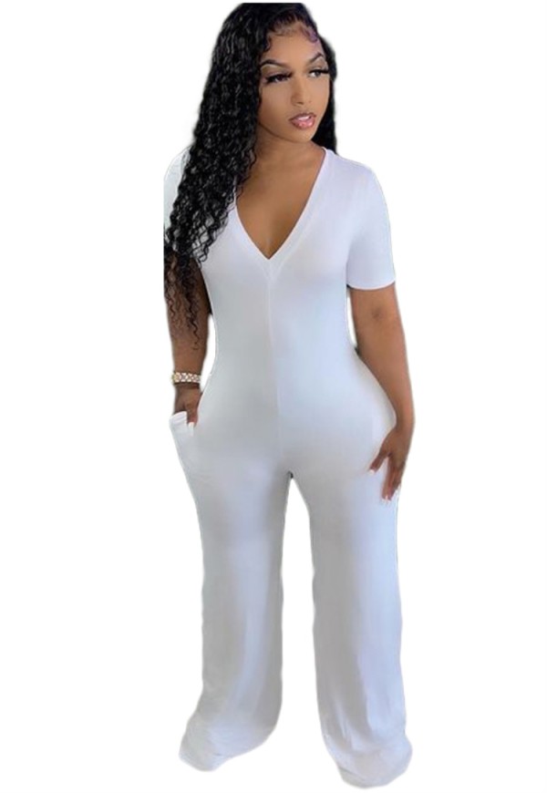 Summer Casual White V-Neck Short Sleeve Jumpsuit with Pockets