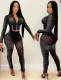 Summer Sexy Black Beaded Long Sleeve Crop Top and Pants Matching Set