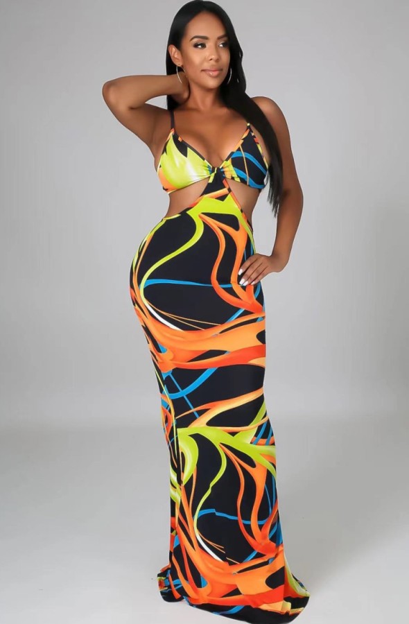 Summer Sexy Multicolor Print Cut Out Strap Long Dress