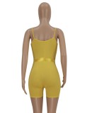 Summer Casual Yellow Ribbed Strap Fitted Rompers with Matching Belt