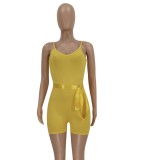 Summer Casual Yellow Ribbed Strap Fitted Rompers with Matching Belt
