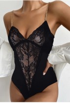 Lencería sexy de peluche con correa de cadenas de encaje negro