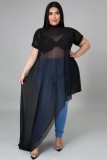 Summer Plus Size Sexy Black See Through Irregular Party Long Top