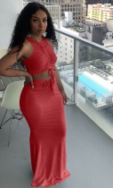 Summer Red Ruched Strings Crop Top and Long Skirt Set