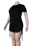 Summer Casual Plus Size Black Strings Fitted Mini Shirt Dress