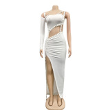 Summer Formal Hollow Out Side Slit Long Party Dress with Single Sleeve