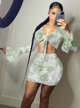 Summer Print Long Sleeve Knotted Crop Top and Mini Skirt Set