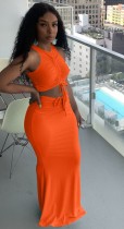 Sommer-Orange geraffte Strings Crop Top und langer Rock Set