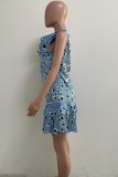 Summer Print Blue Sleeveless Mermaid Party Dress