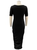 Summer Plus Size Black Ruched Long Dress