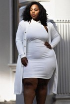 Autumn Plus Size White Bodycon Dress with Matching Overalls 2PC Set