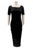 Summer Plus Size Black Ruched Long Dress