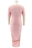 Summer Plus Size Pink Ruched Long Dress