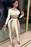 Autumn Beige Party Sexy Beaded Crop Top and Pants 2PC Set
