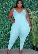 Sommer Plus Size Casual Blue Strap Loose Jumpsuit