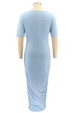 Summer Plus Size Blue Ruched Long Dress