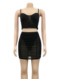 Summer Party Black See Through Mesh Strap Crop Top and Mini Skirt Set