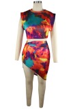 Summer Party Print Colorful Crop Top and Irregular Mini Skirt Set