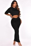 Summer Casual Black Crop Top and Ruched Midi Skirt 2PC Set