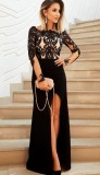 Summer Formal Black Lace Upper Long Sleeve Slit Evening Dress