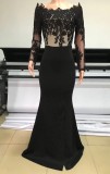 Summer Formal Black Lace Upper Long Sleeve Slit Evening Dress