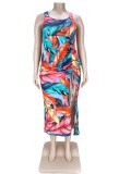 Summer Plus Size Sleeveless Floral Slit Strings Long Party Dress