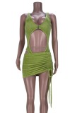 Summer Party Green Sexy Cut Out Bodysuit and Ruched Mini Skirt Set
