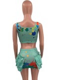 Summer Party Green Paints Strap Crop Top and Mini Skirt 2PC Set