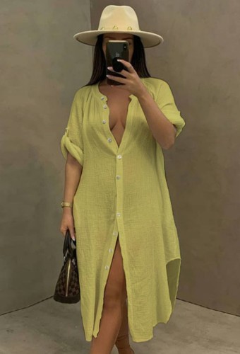 Vestido de blusa larga con abertura de algodón amarillo casual de verano
