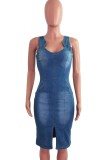 Summer Casual Blue Elegant Sleeveless Slit Denim Midi Dress