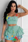 Summer Party Green Paints Strap Crop Top and Mini Skirt 2PC Set