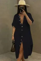 Summer Casual Black Cotton Slit Long Blouse Dress