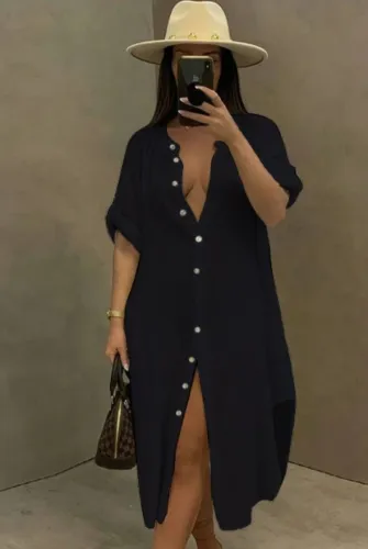 Summer Casual Black Cotton Slit Long Blouse Dress