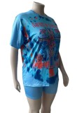 Summer Plus Size Print Casual Shirt and Biker Shorts 2PC Set