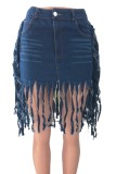 Summer Dark Blue High Waisted Fringe Denim Skirts