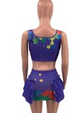 Summer Party Purple Paints Strap Crop Top and Mini Skirt 2PC Set