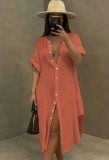 Summer Casual Pink Cotton Slit Long Blouse Dress