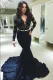 Autumn Lace Upper V Neck Mermaid Blue Evening Dress with Metal Belt