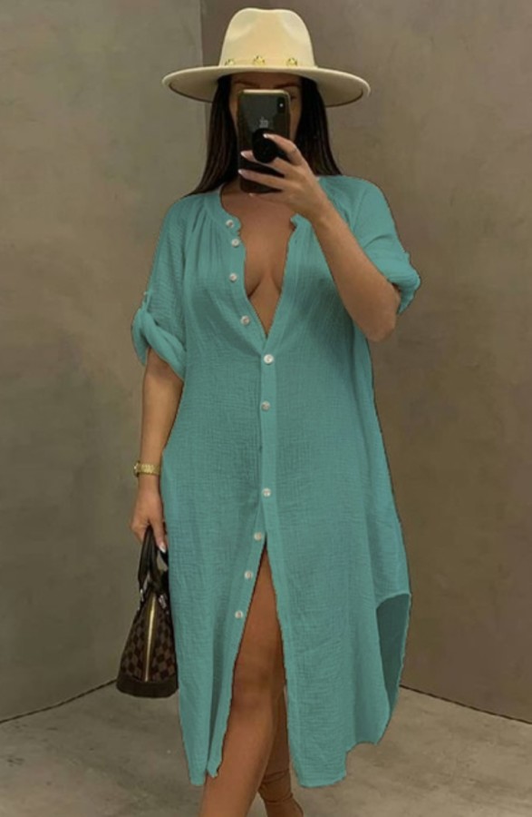 Summer Casual Blue Cotton Slit Long Blouse Dress