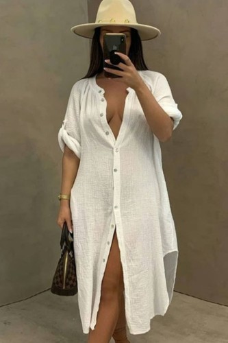 Vestido de blusa larga con abertura de algodón blanco informal de verano