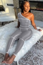Summer Party Sexy Grey One Shoulder Top and Pants 2PC Set