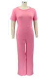 Summer Plus Size Casual Pink O Neck Loose Jumpsuit