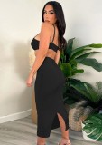 Summer Party Black Cut Out Sexy Ribbed Strap Midi Dress