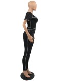 Summer Party Sexy Black One Shoulder Top and Pants 2PC Set